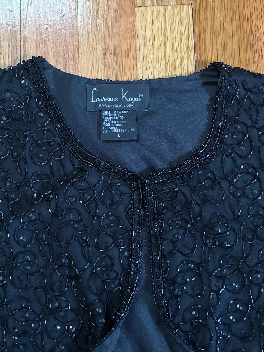 VTG Laurence Kazar Black Beaded Sequin Silk Open Front Lined Jacket Women’s L